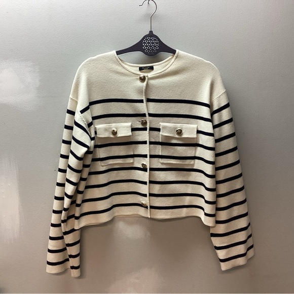 Massimo Dutti Sweaters - Massimo Dutti striped Cream and Black Sweater - Size M